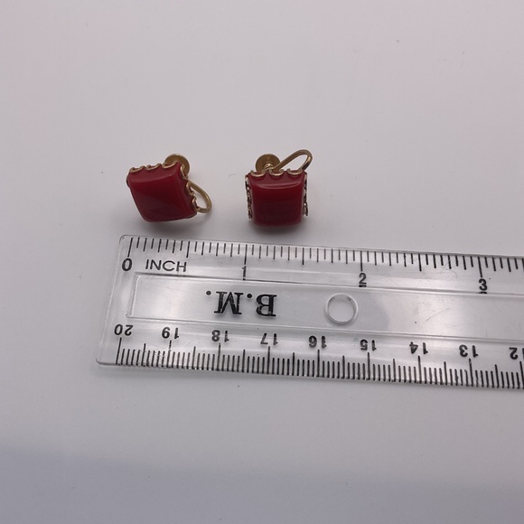 Vintage Gold Tone Delsa Screw Back Earrings with Red Lucite Bead - Picture 4 of 4